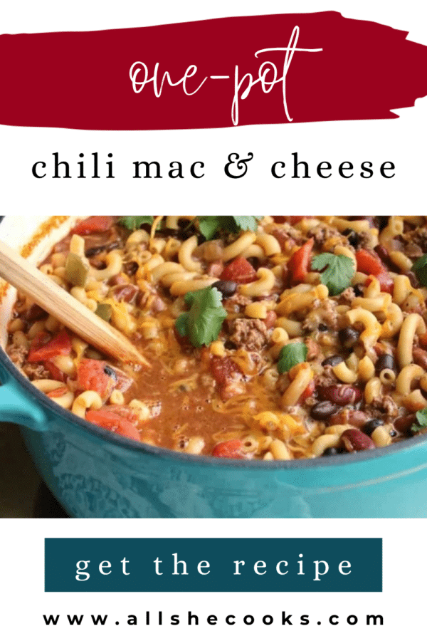 One-pot chili mac and cheese Pinterest graphic with the dish in a blue pot