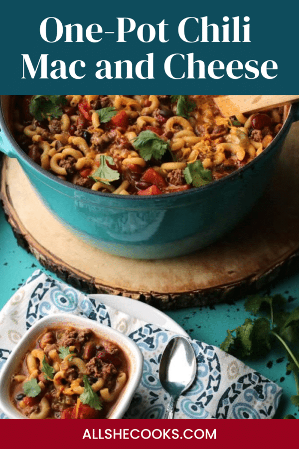 One-Pot Chili Mac and Cheese Pinterest graphic with a pot and a bowl of chili mac