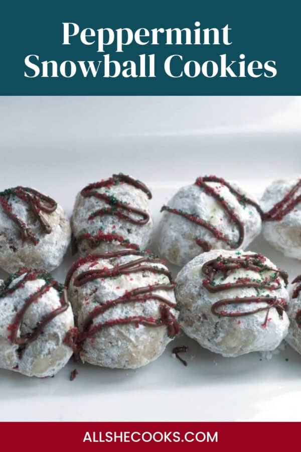 Close-up of peppermint snowball cookies with chocolate drizzle, Pinterest graphic
