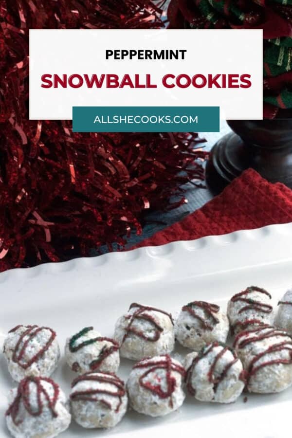 Peppermint snowball cookies on a holiday platter, Pinterest graphic