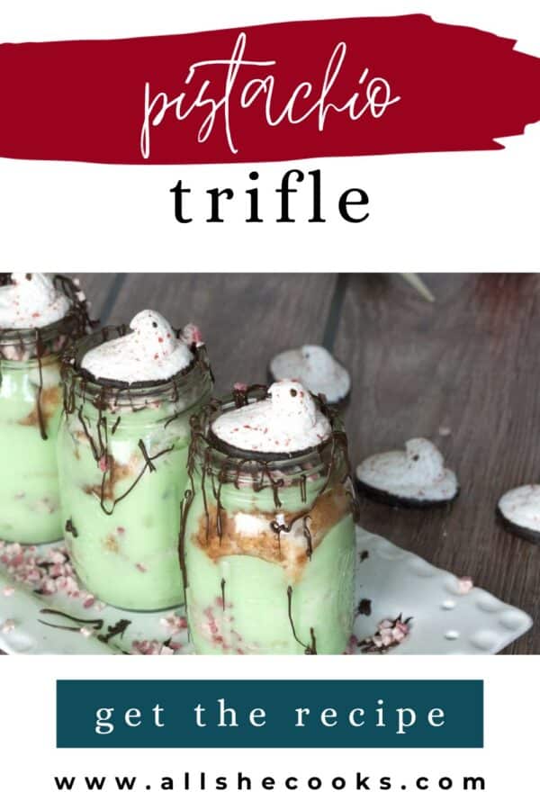 Pistachio trifle recipe pin: pistachio trifles in mason jars with chocolate drizzle and peppermint