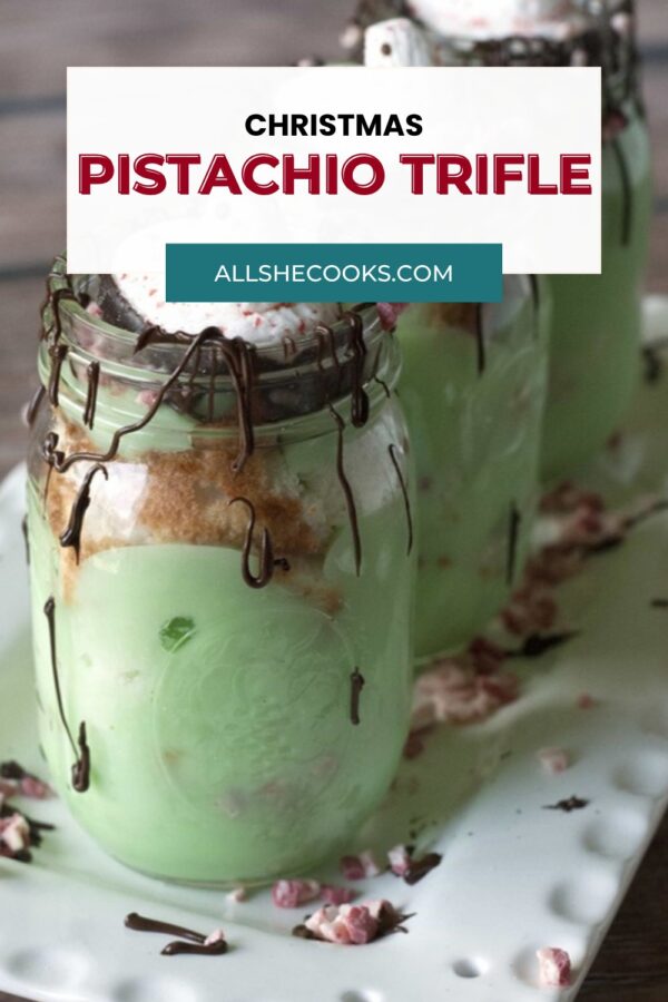 Christmas pistachio trifle pin: pistachio pudding and angel food cake trifles in mason jars
