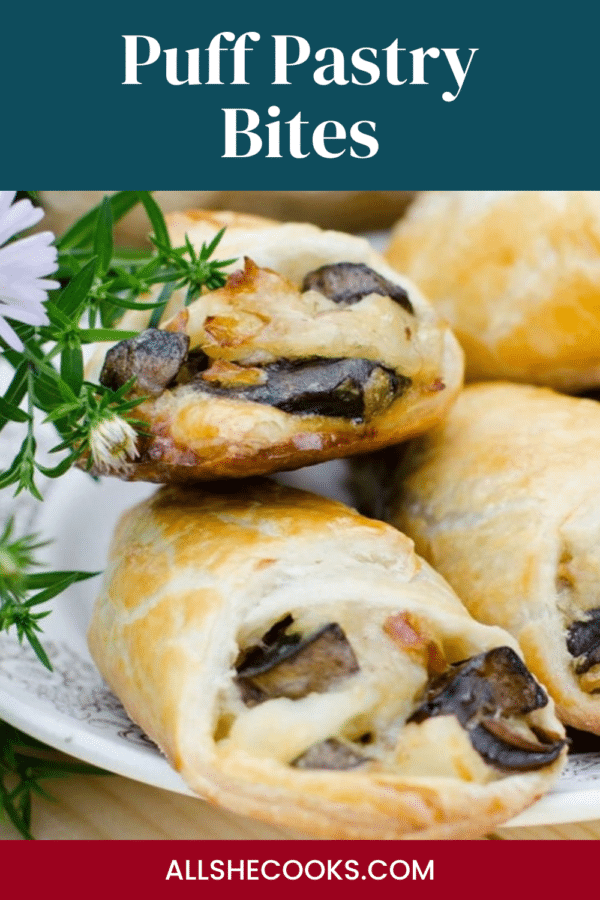 Puff Pastry Bites with Caramelized Onions and Mushrooms - Pinterest pin