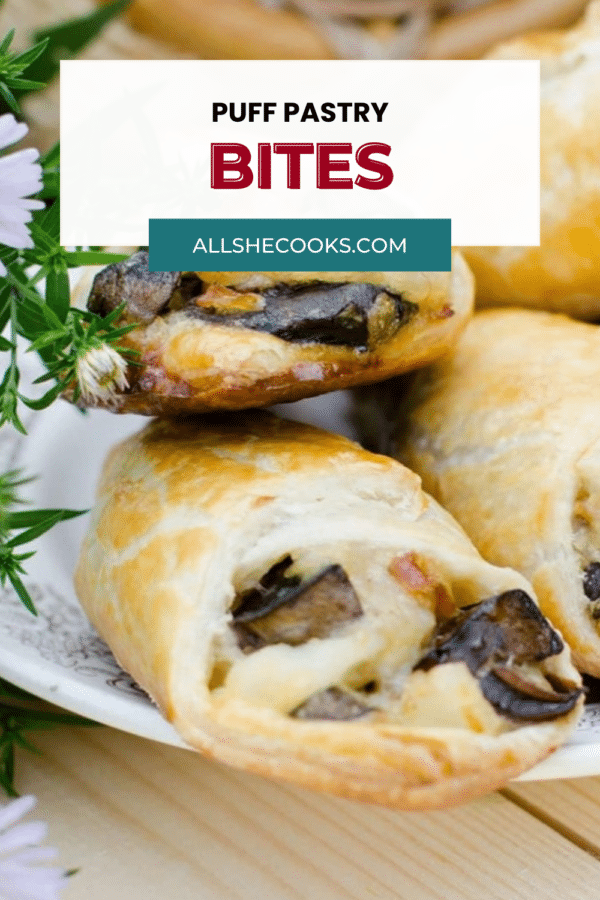 Puff Pastry Bites with Caramelized Onions and Mushrooms - Pinterest pin