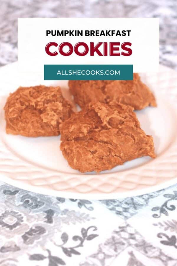 Pumpkin breakfast cookies on a white plate with recipe title card