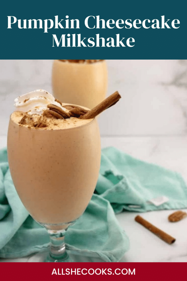 Pumpkin cheesecake milkshake in a footed glass with a teal napkin, Pinterest graphic