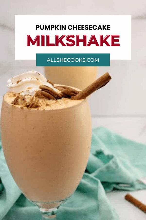 Pumpkin cheesecake milkshake with cinnamon stick garnish, Pinterest graphic
