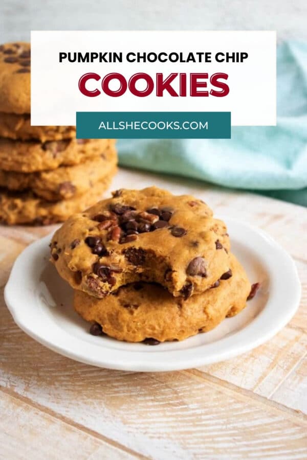 Pumpkin chocolate chip cookies with pecans on a white plate with a recipe title card