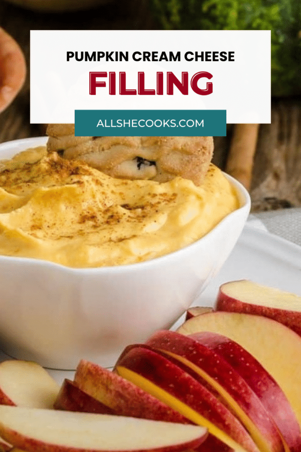 Pumpkin cream cheese filling pin with a close-up of the creamy filling and apple slices