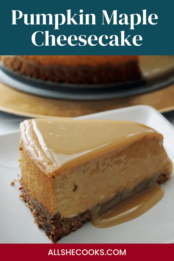 Pumpkin maple cheesecake Pinterest pin showing a glazed slice on a white plate