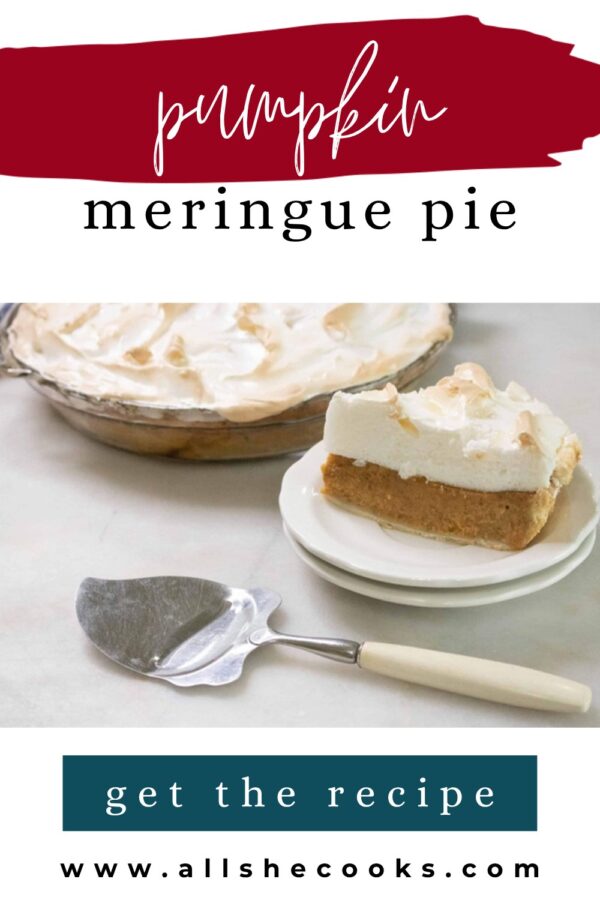 Pumpkin meringue pie Pinterest graphic showing a slice of pie beside a pie server