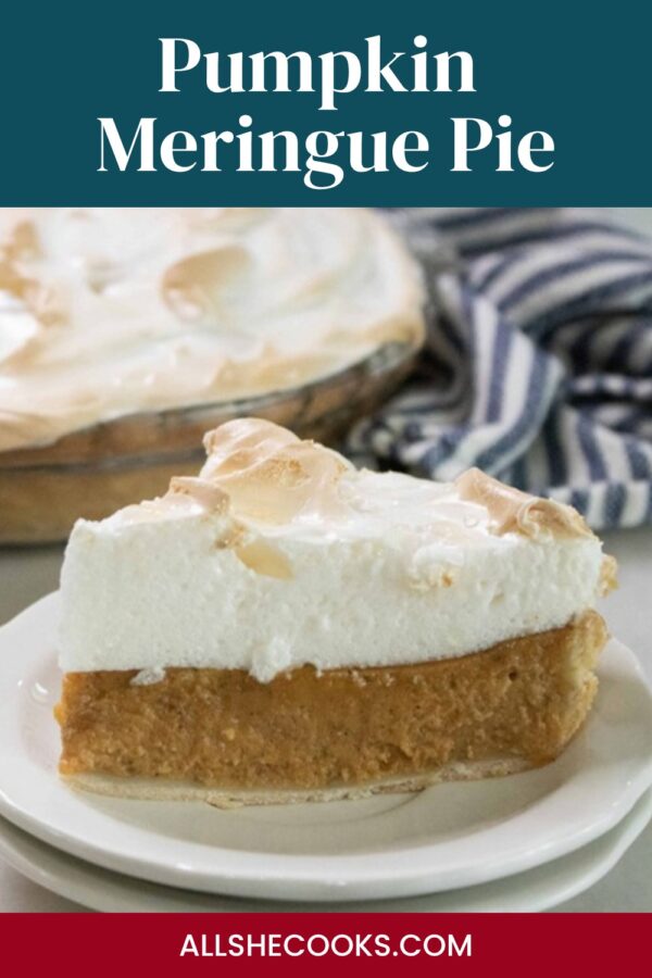 Pumpkin meringue pie Pinterest graphic with a slice of pie on a white plate