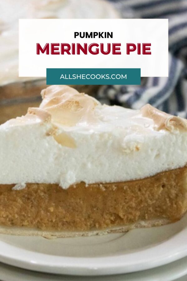 Pumpkin meringue pie Pinterest graphic with a close-up of a slice showing the tall meringue layer