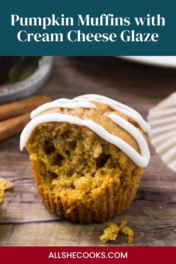 Pumpkin Muffins with Cream Cheese Glaze Pinterest pin showing a muffin with a bite taken out