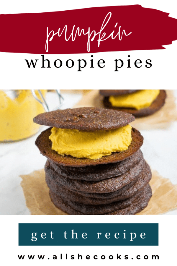 Pumpkin whoopie pies Pinterest graphic - stack of whoopie pies with pumpkin cream filling