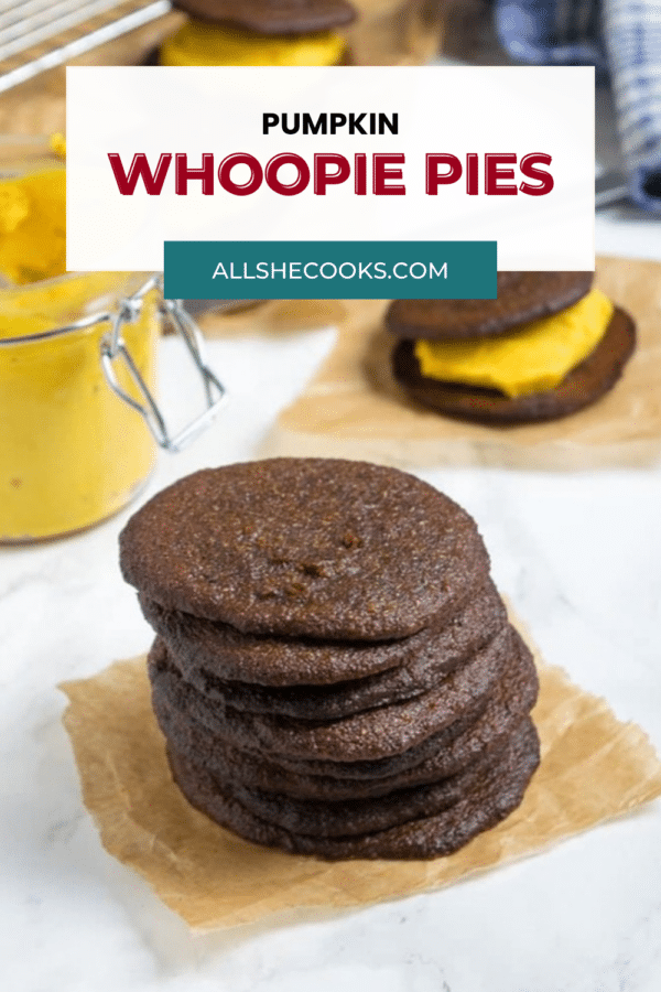 Pumpkin Whoopie Pies Pinterest graphic - stack of pumpkin cookies with filled whoopie pies behind