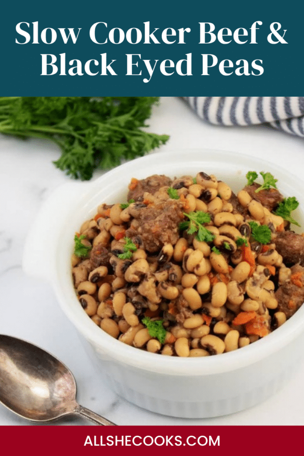 Slow cooker beef and black eyed peas Pinterest graphic