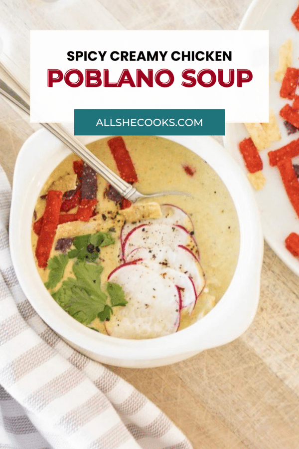 Spicy creamy chicken poblano soup Pinterest graphic with a bowl of soup topped with radishes, cilantro and tortilla strips