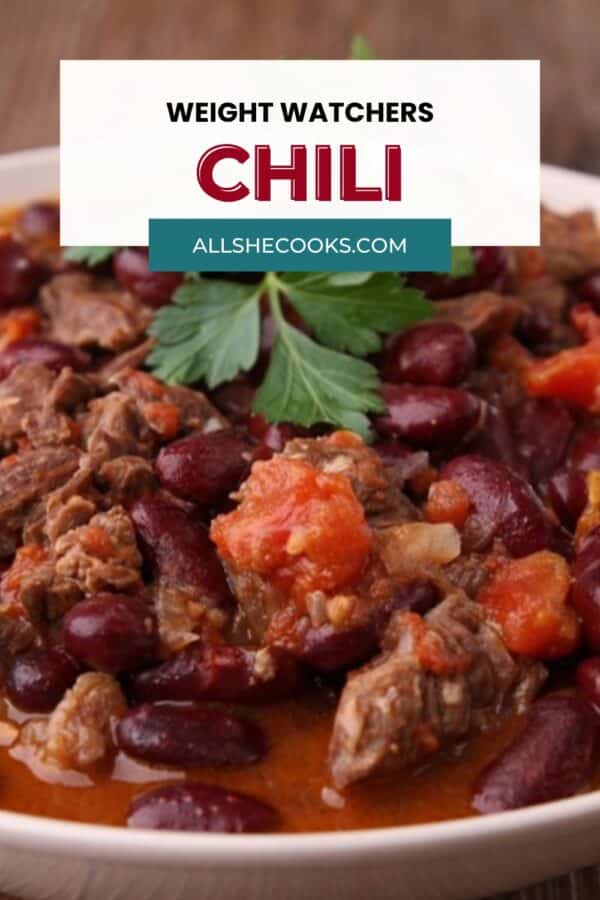 Close-up of Weight Watchers chili with kidney beans and tomatoes, Pinterest graphic