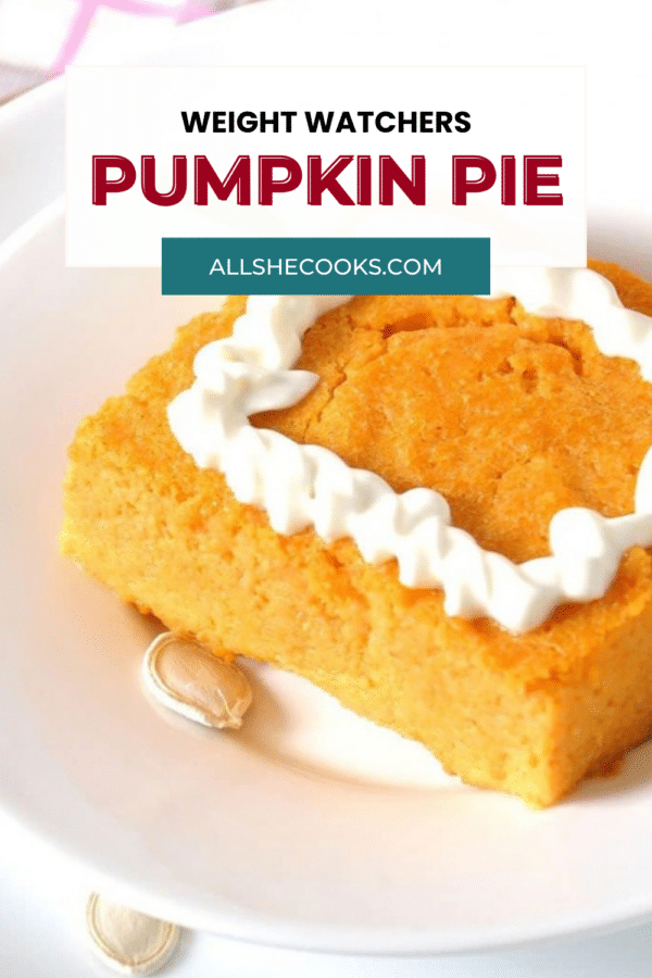 Weight Watchers Pumpkin Pie Pinterest pin with crustless pumpkin pie in a white bowl