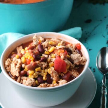 Bowl of Weight Watchers taco soup with ground turkey, kidney beans, pinto beans, corn and tomatoes
