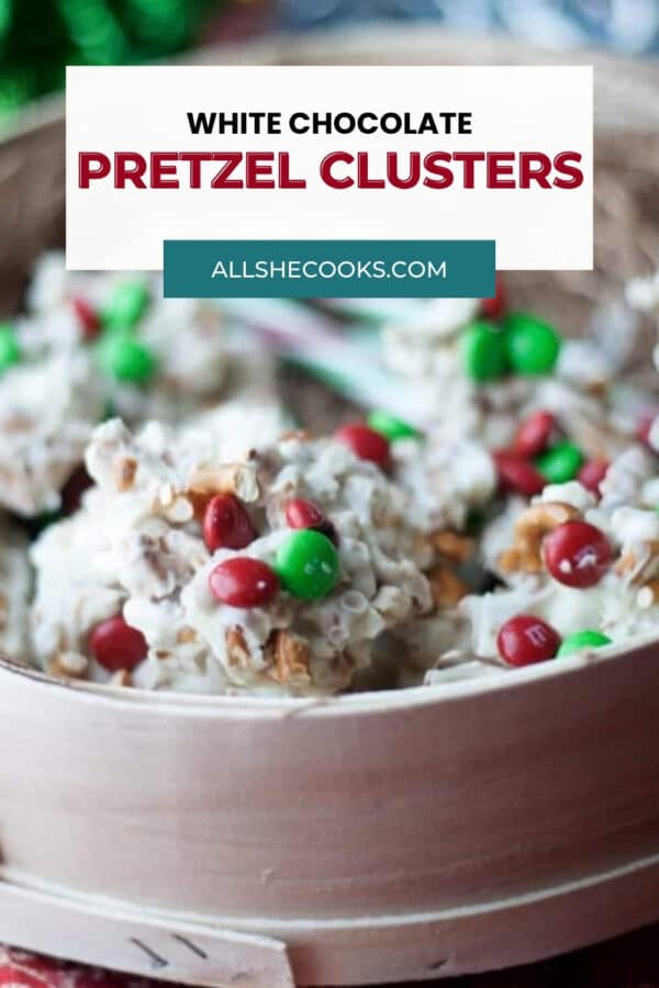 Pretzel clusters made with white chocolate and red and green M&Ms pin