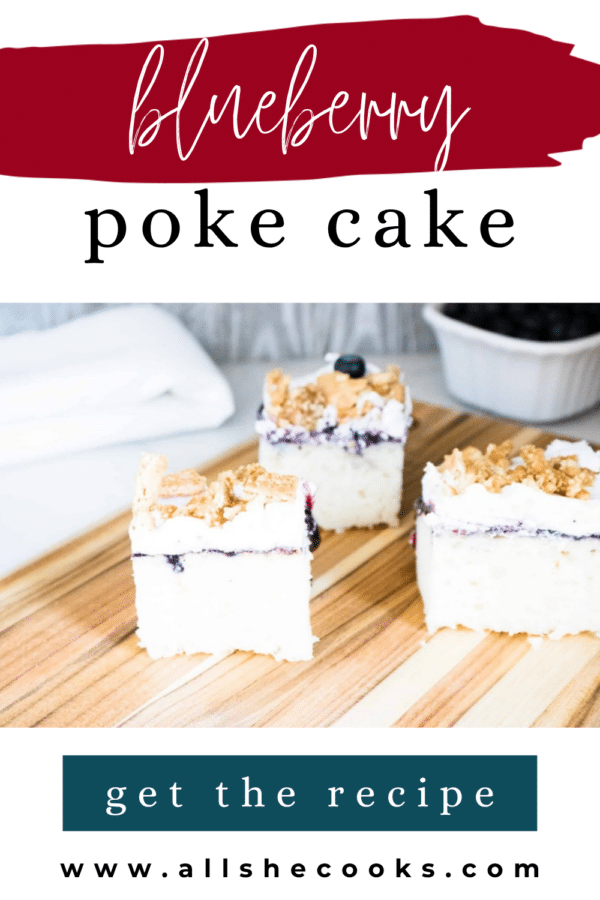 Blueberry poke cake slices on a wooden cutting board with the recipe title