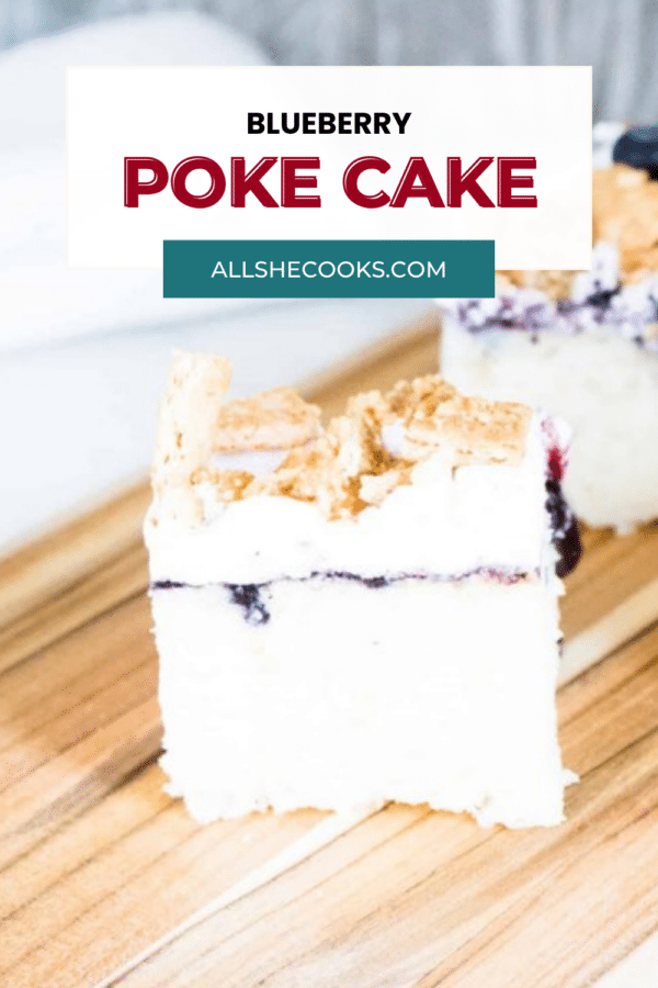 Close-up of a blueberry poke cake slice with the recipe title
