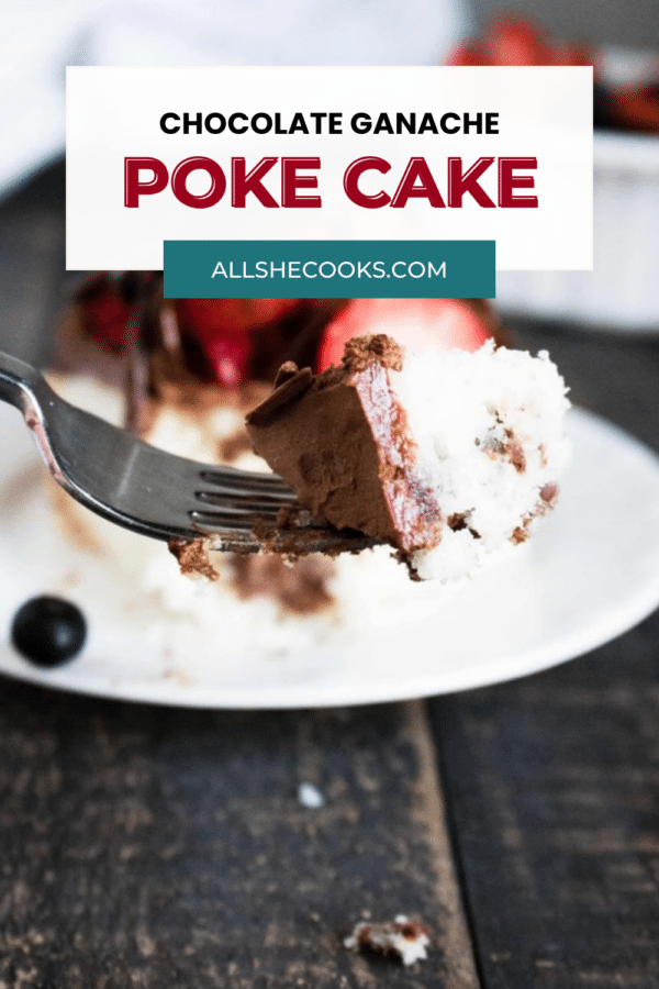 Chocolate Ganache Poke Cake Pinterest pin showing a forkful of cake with ganache-filled holes