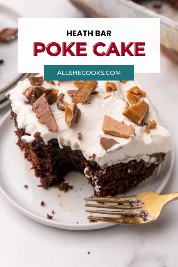 Heath Bar Poke Cake slice with a bite taken out and a gold fork