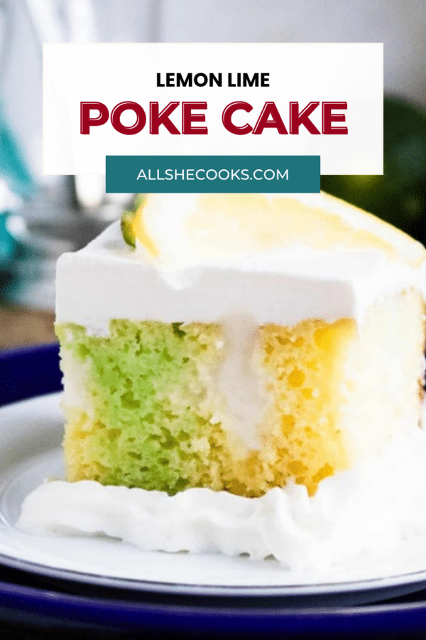 Lemon Lime Poke Cake pin graphic with a close-up slice showing lime and lemon stripes