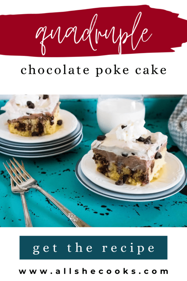Quadruple chocolate poke cake Pinterest pin showing two slices on white plates with a glass of milk