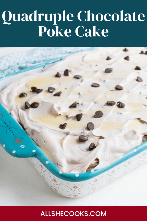 Quadruple chocolate poke cake Pinterest pin showing the whole cake in a 9x13 pan with chocolate chips